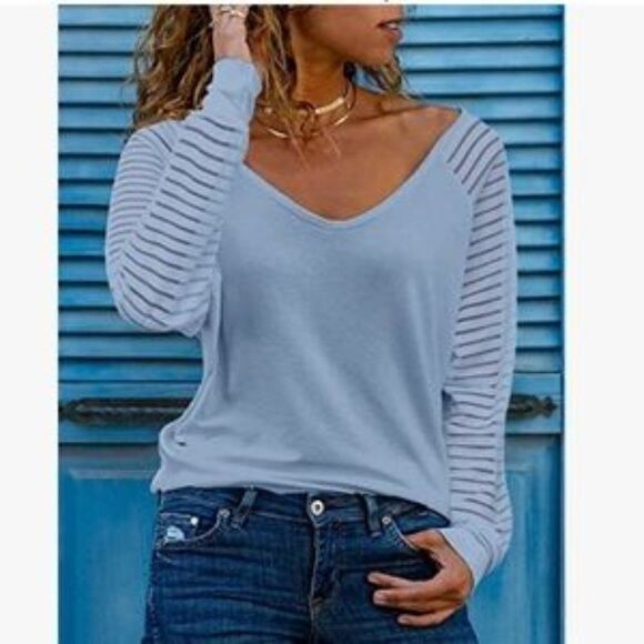 V Neck Striped Sheer Mesh Blouse - Picture 1 of 5